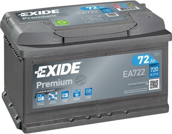 EXIDE Starterbatterie "Premium" "EA722", Kapazität: 72 Ah, Kälteprüfstrom: 720 A