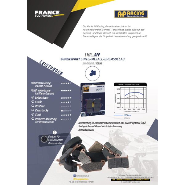 LMP234SFP AP Bremsbelag Pckg. NEUER SINTER METALL VORDERRAD BREMSBELAG =MCB611SRT Für Motorräder mit elektronischer Fahr- u. Bremsanlage.